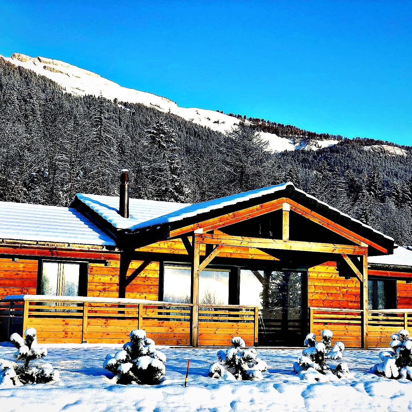 Holzchalet in Anzère im Winter mit Blick auf die Walliser Alpen